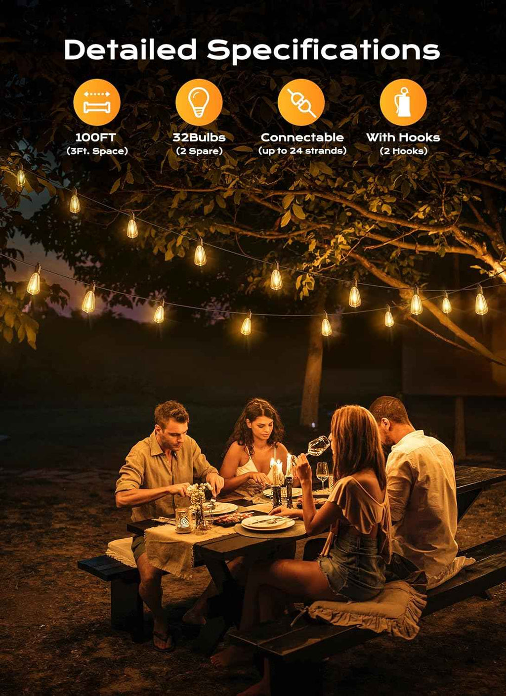 Brightown Outdoor String Lights Patio Lights 100FT ST38 Waterproof Dimmable | Connectable Shatterproof LED Christmas Lights, Hanging Outside Light for Backyard, Porch, Deck, Balcony, Garden, Home Decor