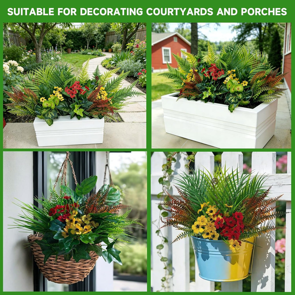 22 Bundles Outdoor Artificial Plants Greenery Stems UV Resistant Faux Plants for Outside Fake Stems Plastic Leaves for Front Porch Home Decor Garden Porch Planter