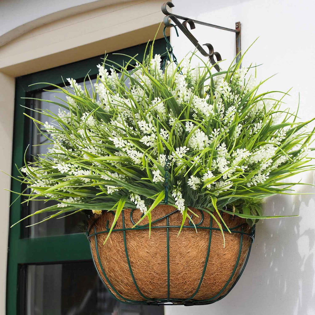 Grunyia 20 Bundles Artificial Plants Outdoor Fake Monkey Grass with Flowers (White)