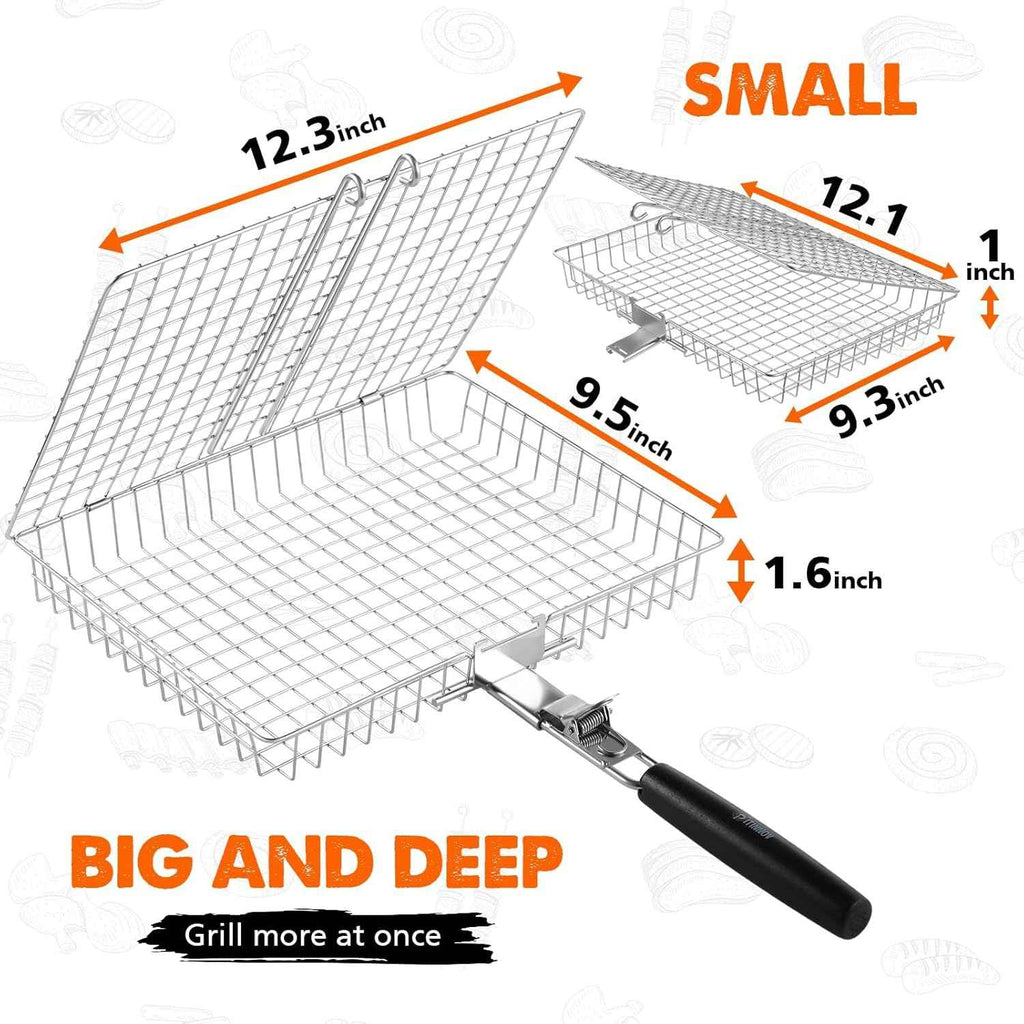 Grill Baskets for Outdoor Grill, 2 Pack Stainless Steel Grilling Baskets | Nesting Fish Grill Basket with Two Grid Sizes, Grilling Basket with Wood Handle for Shrimp, Vegetables, Burgers and Steaks