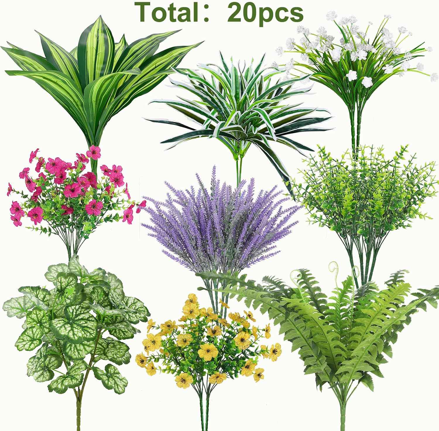 Roberly 20 Pcs Artificial Plants Outdoor, Fake Greenery Stems Plants | ﻿UV resistant fake plants flowers, plastic greenery stems bushes, indoor outdoor home patio garden table decoration