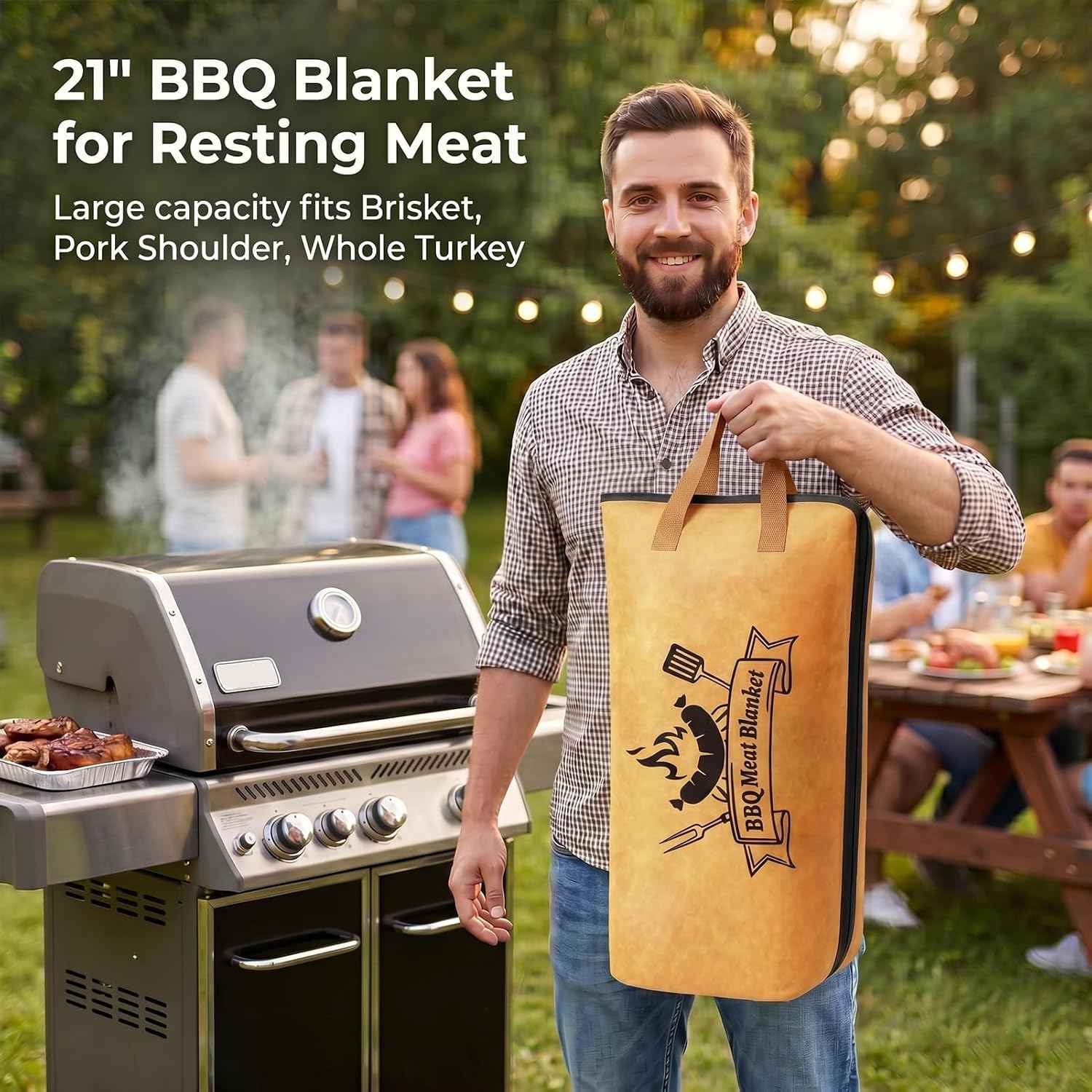 RINPIR 21pcs BBQ Grill Accessories Set with 21” Reusable Meat Blanket Brown | Father’s Day Grilling Gifts for Men Dad, Stainless Steel Grill Tools Utensils Kit in Aluminum Case for Outdoor Camping