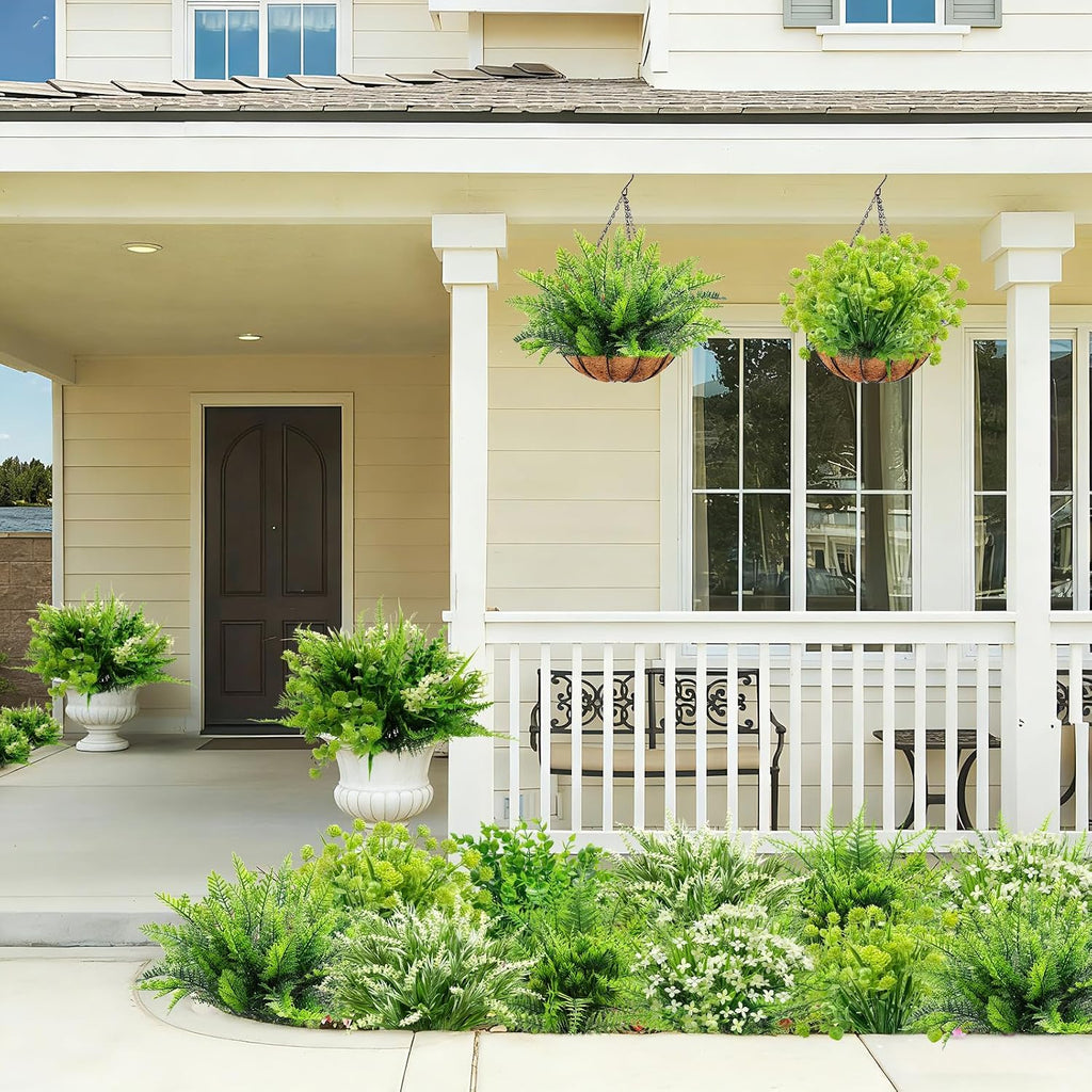 24 Bundles 6 Styles Artificial Plants Flowers for Outdoors Summer Decor | UV Resistant No Fade Faux Plants Plastic Greenery Shrubs, Fake Fern Lavender Boxwood for Garden Porch Yard Home Outdoor Decor