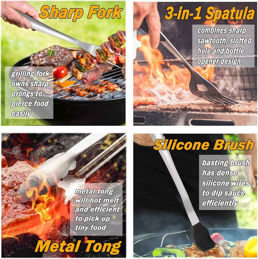 Leonyo Metal Barbecue Grilling Tools for Outdoor Grill Set of 6 | Stainless Steel 18IN Long Grilling Tools Grilling Accessories with Spatula Tongs Fork Basting/Cleaning Brushs