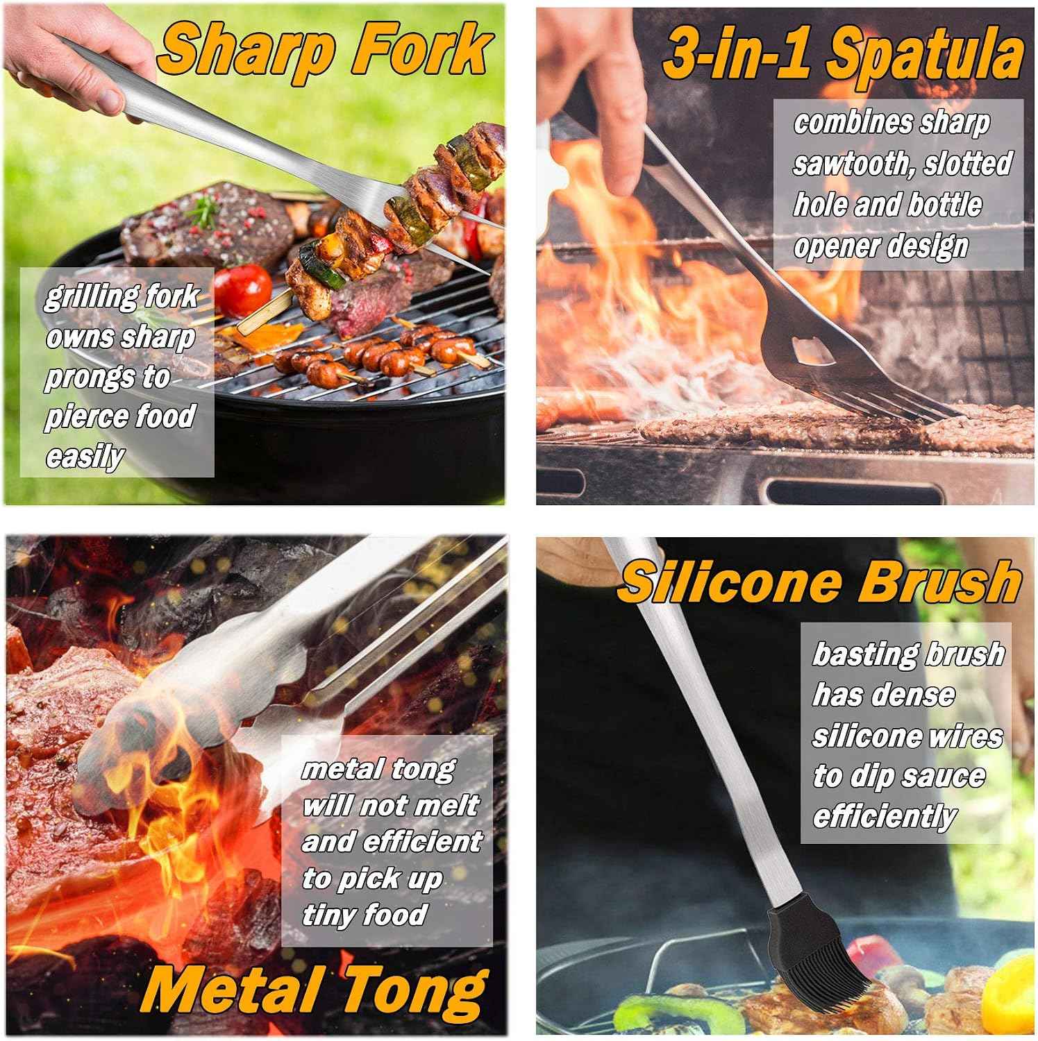 Leonyo Metal Barbecue Grilling Tools for Outdoor Grill Set of 6 | Stainless Steel 18IN Long Grilling Tools Grilling Accessories with Spatula Tongs Fork Basting/Cleaning Brushs