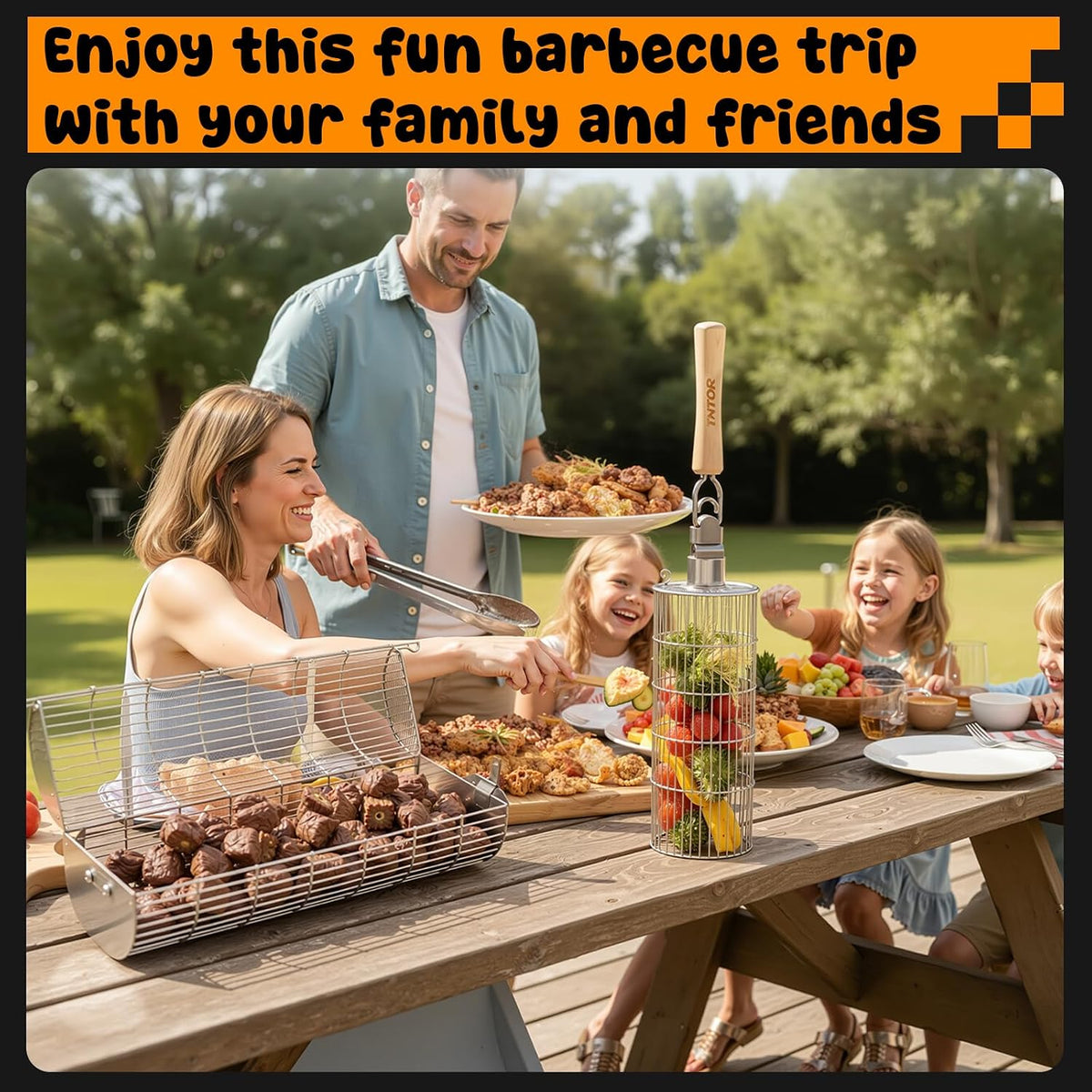 TNTOR Rolling Grill Basket, Larger 304 Stainless Steel Nesting Grilling Net, Removable Handle, BBQ Accessories Tools for Veg Shrimp, Outdoor Cooking Camping Father's Day grilling gifts for men Dad