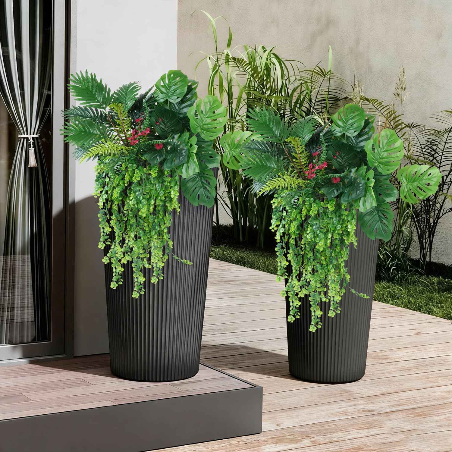 8 Bundles Large Artificial Plants Outdoor UV Resistant, Faux Greenery with Tropical Leaves & Hanging Ferns, Realistic Fake Plants for Outdoor Planters, Front Porch, Patio, Window Boxes, Garden Decor