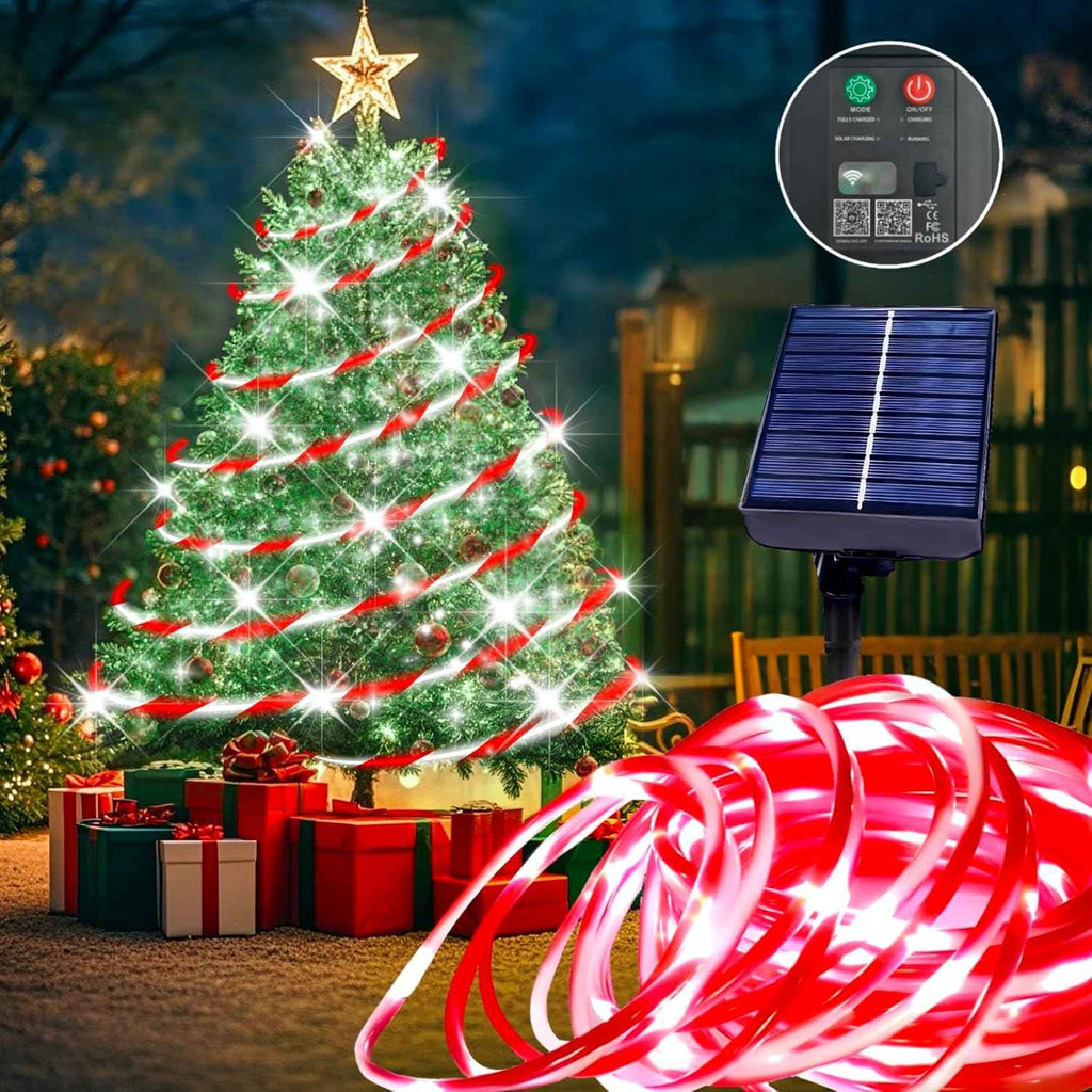 Honche Solar Rope Light 33FT 100L Outdoor Candy Cane Rope Lights Weatherproof for Terrace Tree Fence Patio Garden Yard Home Wedding Birthday Vacation Holiday Christmas Decor(Candy)
