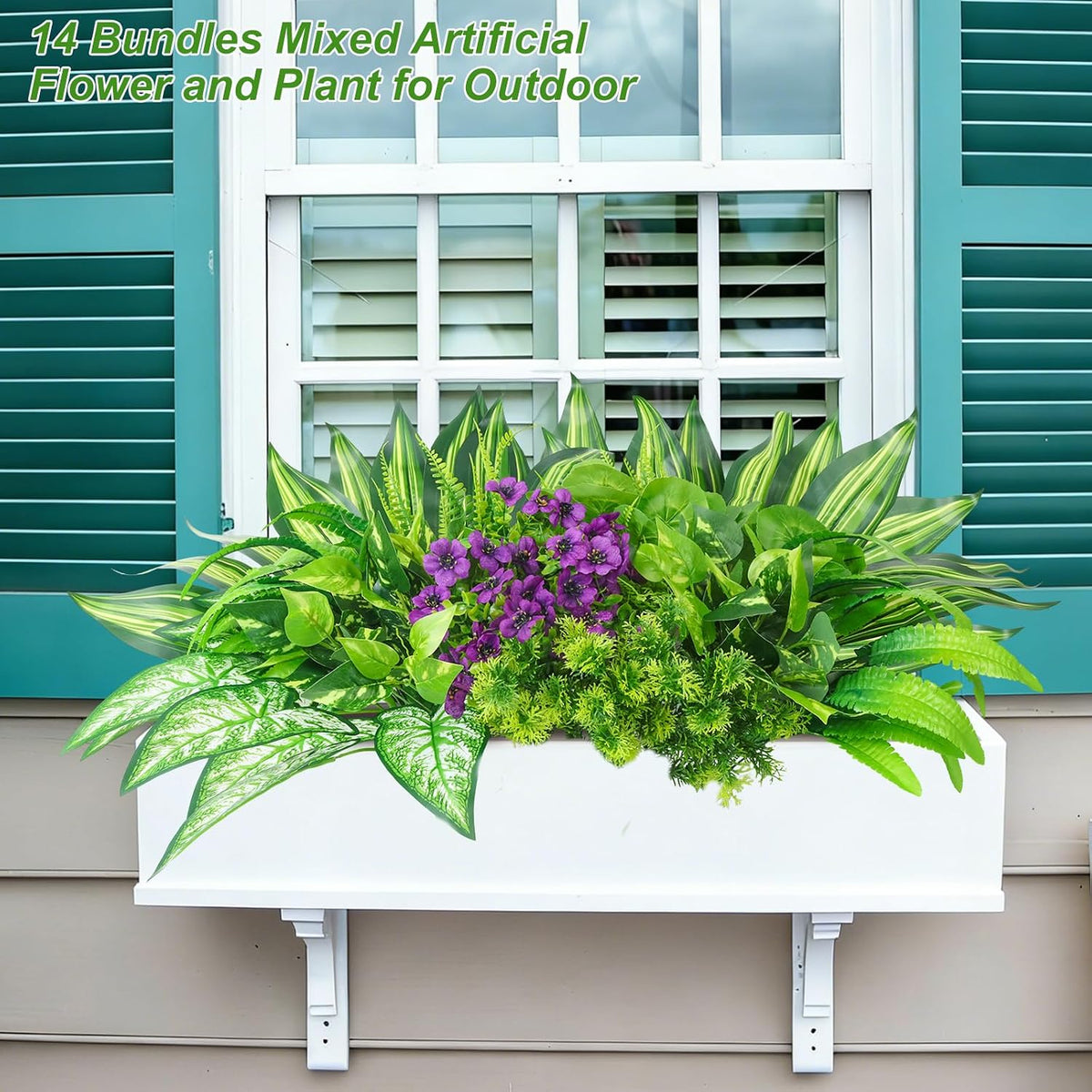 THKFUL 14Bundles Artificial Greenery Plants Outdoor Artificial Ivy Plants Faux Pothos Ferns Stems UV Resistant, Realistic Fake Shrubs Grasses Flowers Planter Filler for Window Box,Porch,Garden,Front