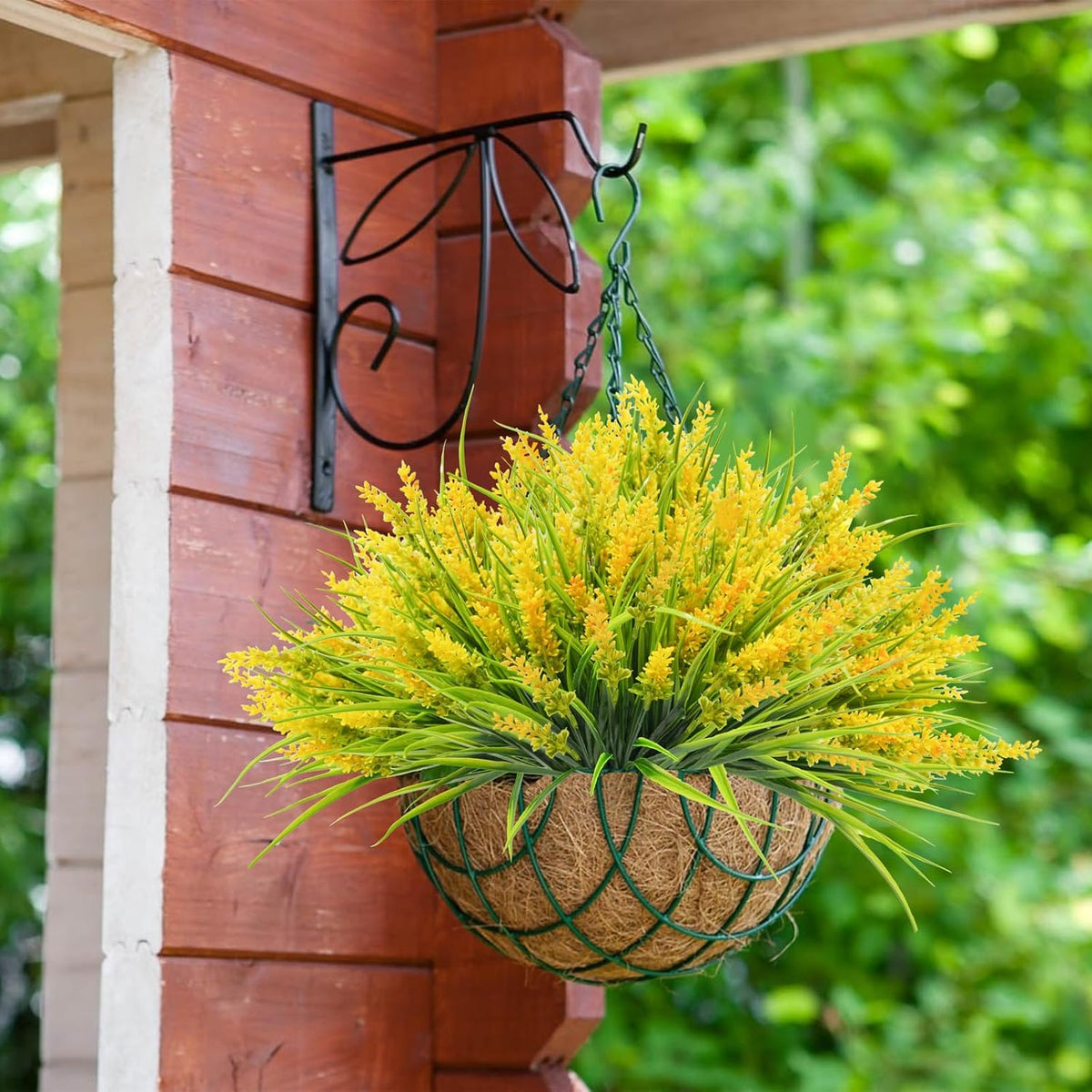 40 Bundles Artificial Lavender Outdoor UV Resistant No Maintain,Yellow | Faux Lavender Flowers with Greenery Monkey Grass,Lifelike Plastic Plants for Garden Porch/Window Box/Patio Hanging Decor