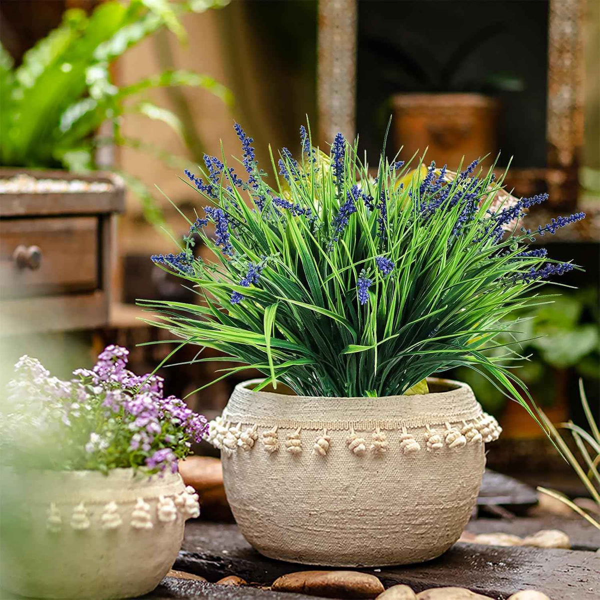 XLFAQXM 12 Bundles Artificial Plants Outdoor Flowers Fake Grass No Fade Faux Plastic Shrubs for Pot Garden Wedding Porch Hanging Planter for Window Box Decoration Greenery uv Resistant (GrassC1)