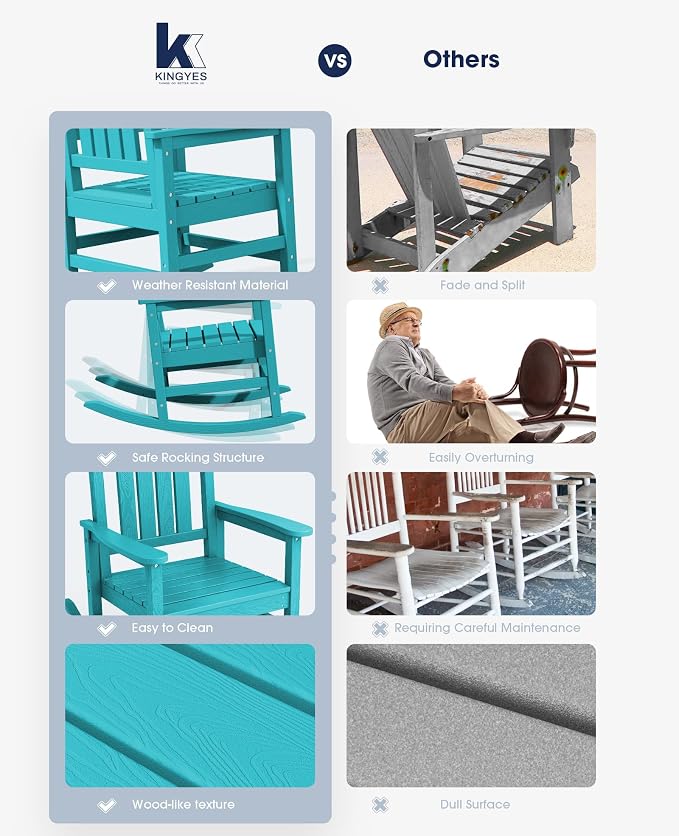 KINGYES HDPE Outdoor Rocking Chair Set of 4, All-Weather Poly Patio Rocking - Image 5