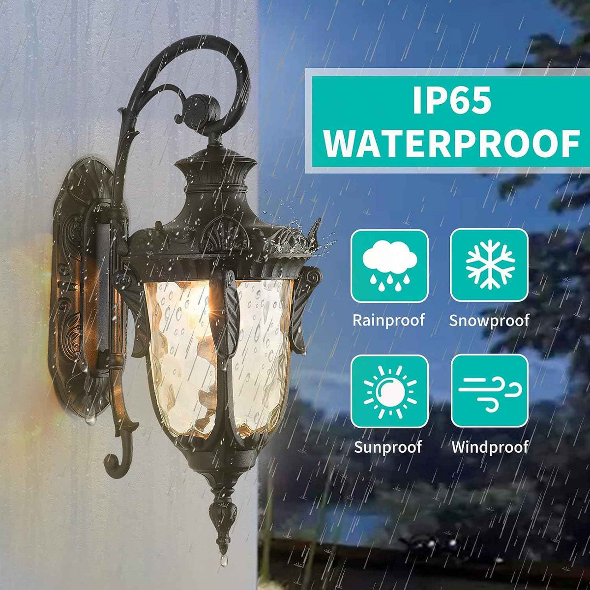 LONEDRUID 20.47" Outdoor Wall Light Fixture Black Exterior Wall Lantern | Outside Waterproof Sconce Rustic Porch Lights Wall Mount with Hammered Glass Shade for House