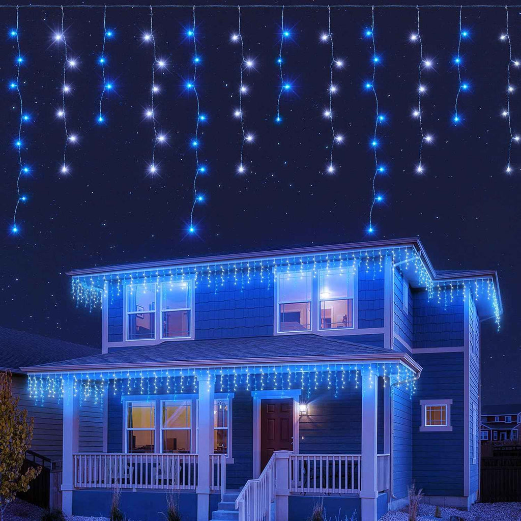 Christmas Icicle Lights Outdoor,300 LED 33FT Hanging String Lights | 50 Drops Connectable,8 Modes & Memory, Plug In Hanging Twinkle Lights for Bedroom,Curtain,Roof,Party,Xmas Decor,Blue White