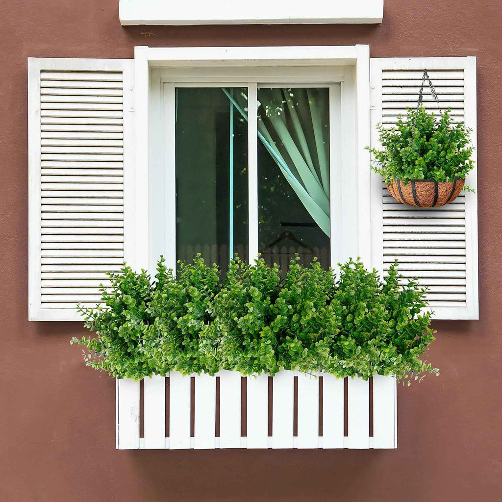 Sggvecsy Artificial Flowers for Outdoors 12 Bundles UV Resistant Boxwood Shrubs Artificial Eucalyptus Fake Plants Faux Plastic Greenery for Farmhouse Garden Indoor Outdoor Home Wedding Decoration