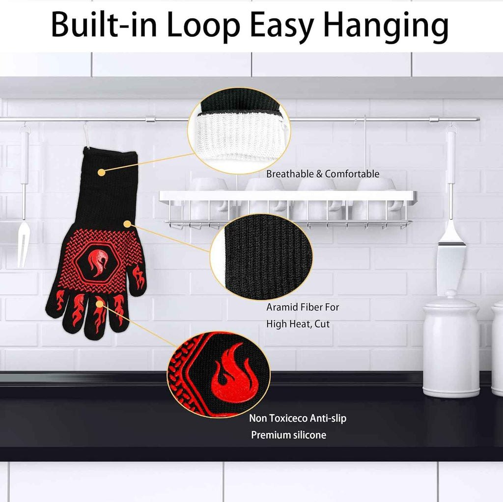 BBQ Gloves 1472F Heat Resistant Non-Slip Silicone 13.8in (Red) | Grill Cut-Resistant, Oven Kitchen Safe for Barbecue, Cooking, Frying, Oven Mitts