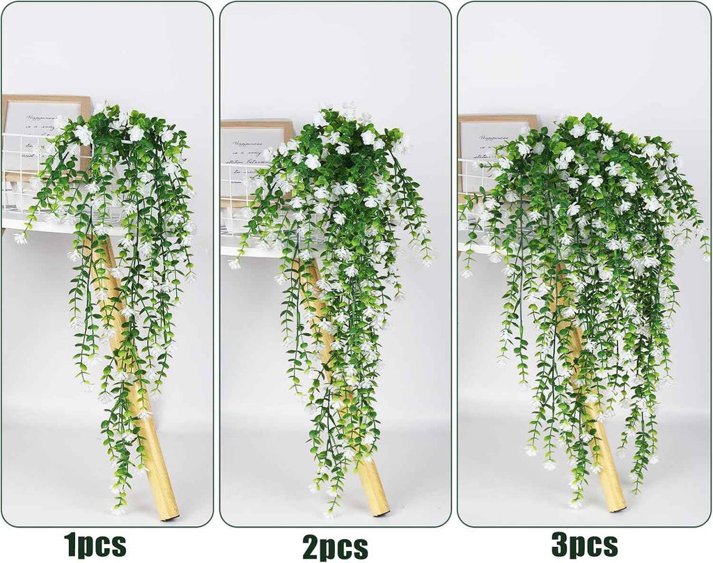 RECUTMS Artificial Hanging Plants Fake Hanging Vines Outdoor Faux Draping | Faux Eucalyptus Leaf Greenery Vine Outdoor UV Resistant Plastic White Flowers Home Garden Wedding Party Indoor Decoration,3Pc