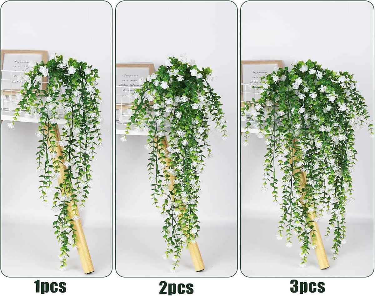 RECUTMS Artificial Hanging Plants Fake Hanging Vines Outdoor Faux Draping | Faux Eucalyptus Leaf Greenery Vine Outdoor UV Resistant Plastic White Flowers Home Garden Wedding Party Indoor Decoration,3Pc