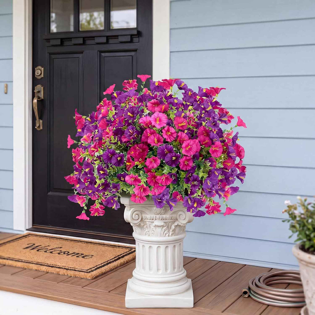 Artificial Flowers for Outdoors 12 Bundles Realistic Faux Plants UV Resistant Fake Silk Morning Glory with Eucalyptus for Front Door Planter Patio Porch Spring Summer Decoration (2 Mixed Color)