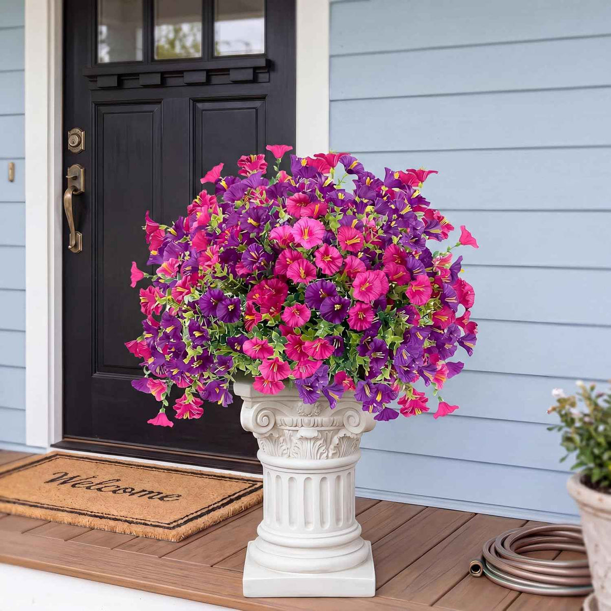 Artificial Flowers for Outdoors 12 Bundles Realistic Faux Plants UV Resistant Fake Silk Morning Glory with Eucalyptus for Front Door Planter Patio Porch Spring Summer Decoration (2 Mixed Color)