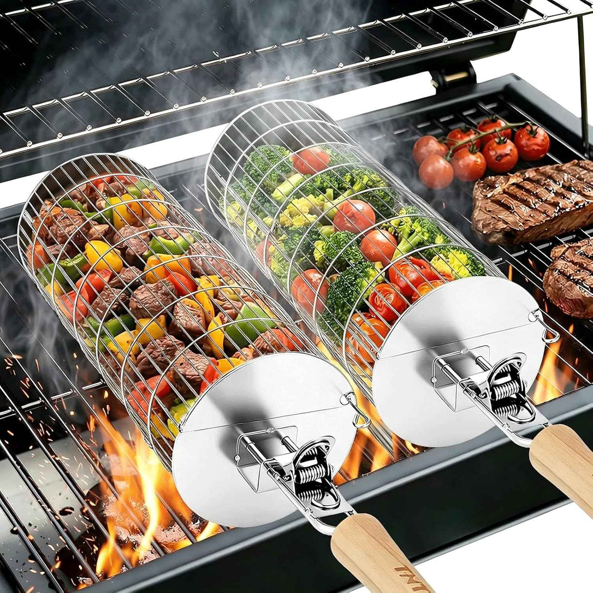 TNTOR Rolling Grill Basket, Larger 304 Stainless Steel Nesting Grilling Net, Removable Handle, BBQ Accessories Tools for Veg Shrimp, Outdoor Cooking Camping Father's Day grilling gifts for men Dad