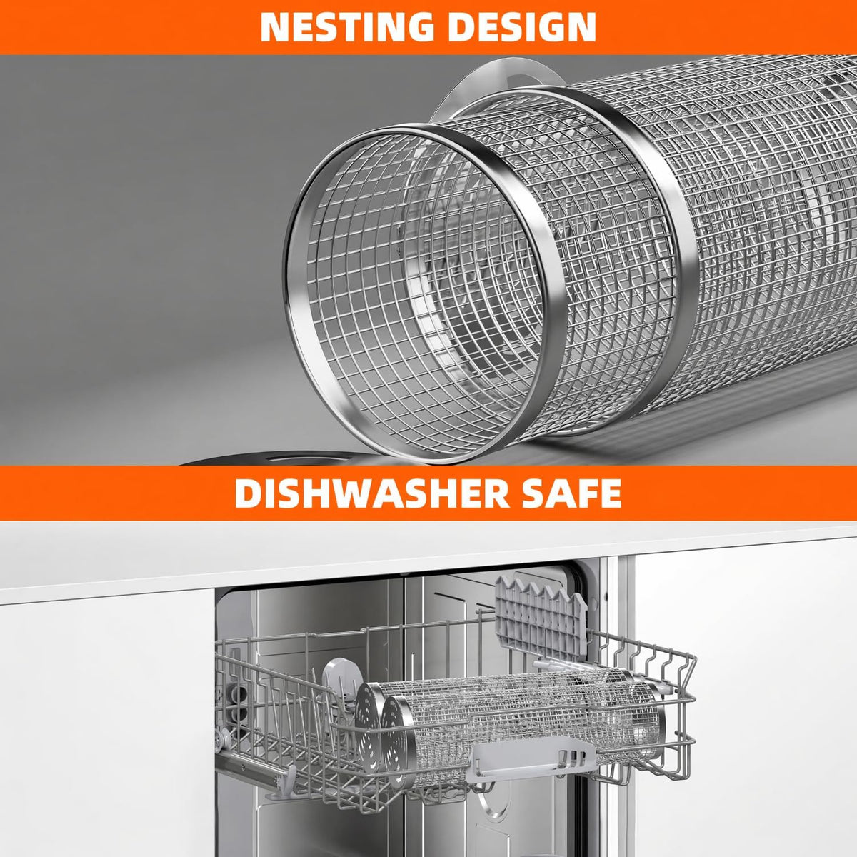 Rolling Grill Baskets, 304 Stainless Steel Grill Basket BBQ Tools | Grill Vegetable, Removable Handle, Heat Resistant, Dishwasher Safe, Nesting Storage, Outdoor Camping, BBQ Gifts for Men Dad