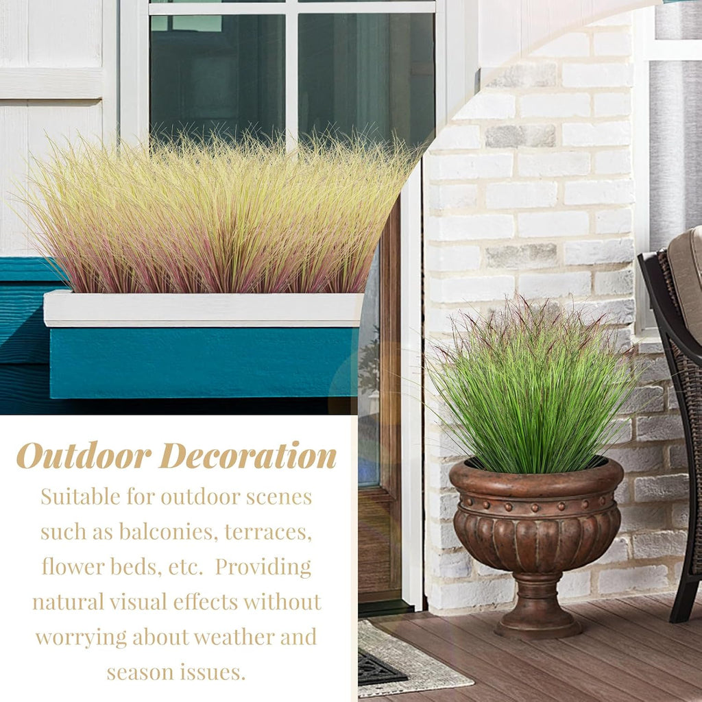 8 Bundles Artificial Plants Onion Grass Outdoor 17 Inch Tall Fake Shrubs Wheat Grass UV Resistant Greenery Stems Faux Bushes Plant for Indoor Outdoor Garden Office Home Decor（Green Red Tail）