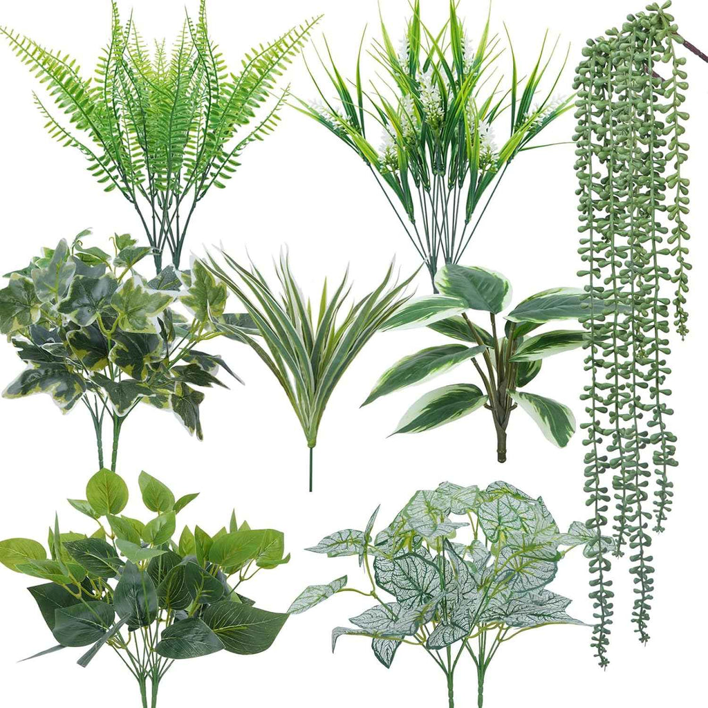 16PCArtificial Greenery Shrub Stems Fake Flower Plants for Outdoor | UV Resistant Faux Outdoor plants, Fake Shrubs Plants for Patio Garden, Front Porch, Window Box, Spring Summer Home Decor