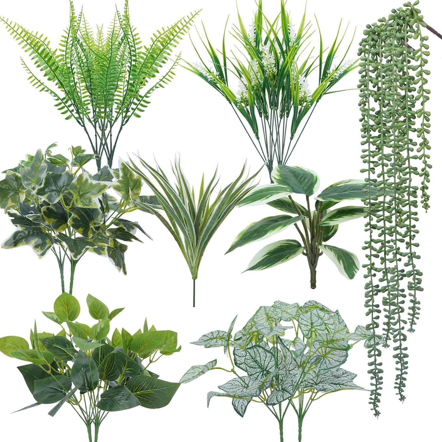 16PCArtificial Greenery Shrub Stems Fake Flower Plants for Outdoor | UV Resistant Faux Outdoor plants, Fake Shrubs Plants for Patio Garden, Front Porch, Window Box, Spring Summer Home Decor