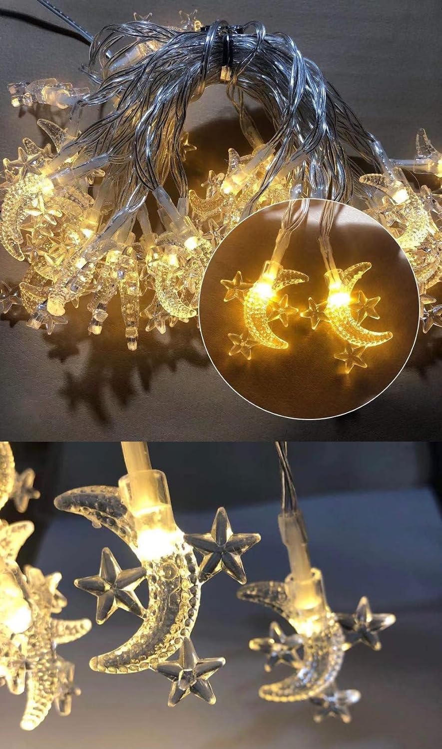 Moon Star String Lights Plug in, 10ft 20 LED Star and Moon Fairy Lights Warm White for Birthday Party Christmas Holiday Home Decoration