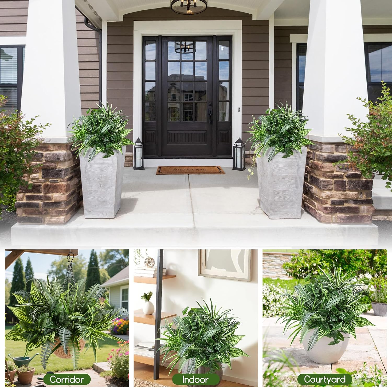 Pertivery 10 Bundles Artificial Plants, UV Resistant Outside Faux Plants Bushes, Large Fake Realistic Plastic Leaves and Stems, for Outdoor Garden, Patio, Yard,Porch Decor (Green)