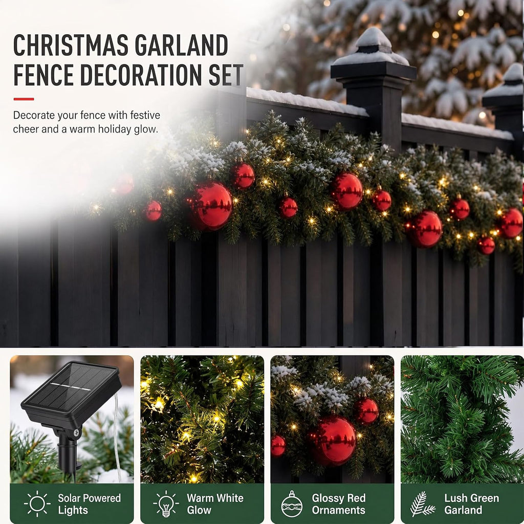 Knitgrip 2 Pack 9ft Christmas Garland Fence Decorations Outdoor with with Solar Light, 40 Pcs Red Balls Ornaments and 100 Pcs Cable Ties for Patio Eaves Railing Porch Door Staircase Yard Holiday