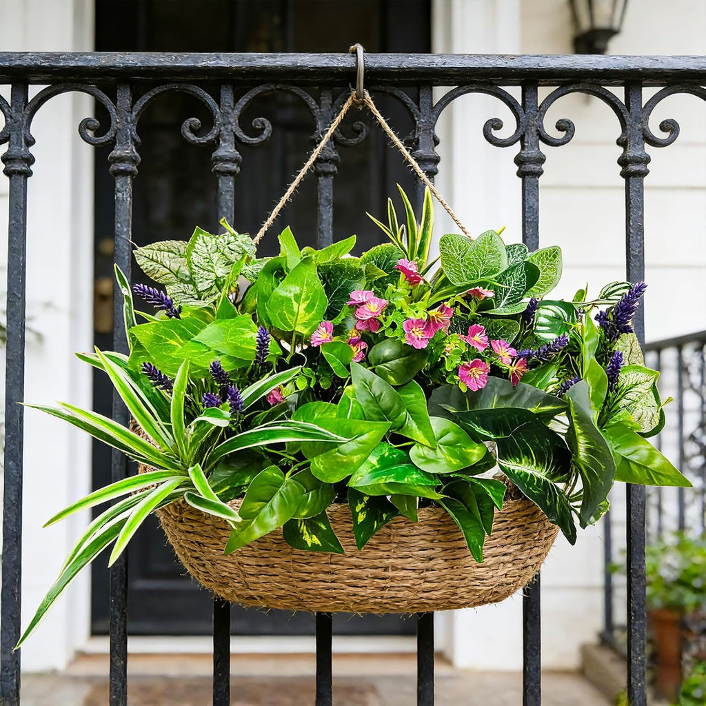12 Pcs Artificial Plants for Outdoors Faux Greenery Leaves UV Resistant Realistic Plastic Large Bunches Shrubs Bushes with Flowers, Fake Plants Decor Outdoor for Front Porch Door Patio Garden Yard