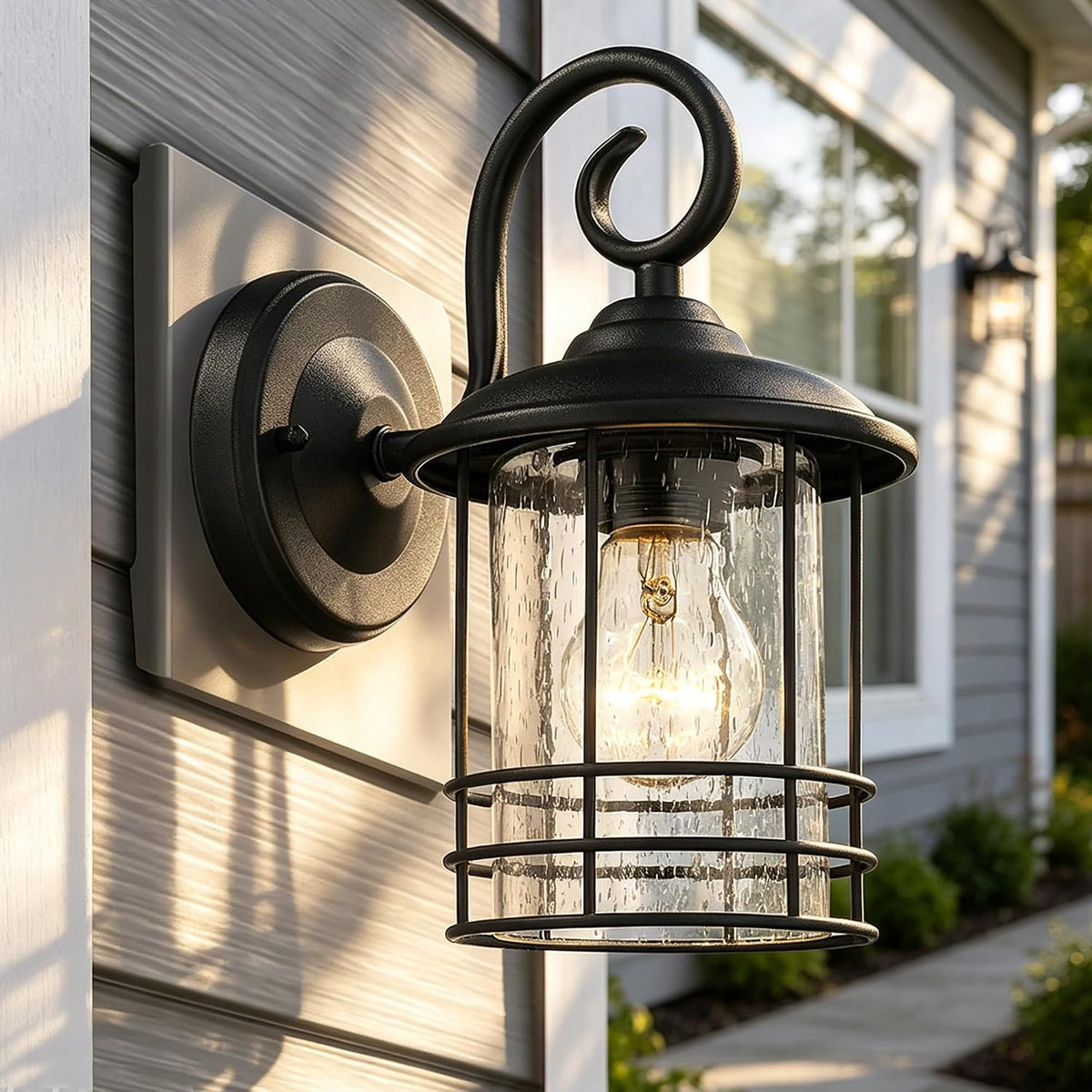 MICSIU 5.5" Wide Black Single Outdoor Porch Light, 9.8" H Modern Farmhouse | Seedy Glass Outside Fixture, Vintage Round Outdoor Wall Sconce For Small Sidelight, Front Door, Garage
