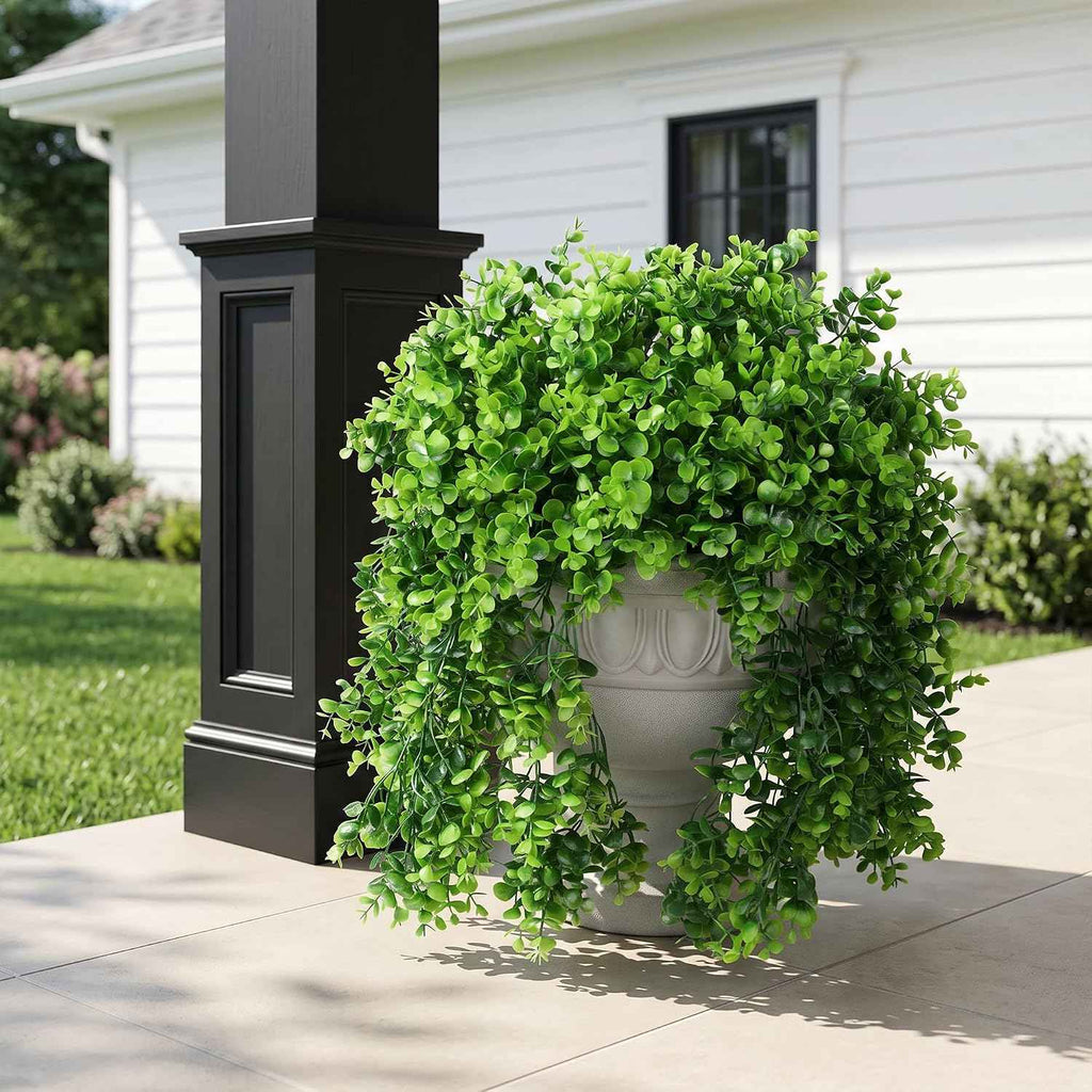Faux Outdoor Plants Fake Hanging Plants for Outdoors Outside Decorations, 2 Pcs Green Faux Eucalyptus Hanging Vine Realistic UV Resistant Artificial Greenery for Planters Porch Garden Yard Patio