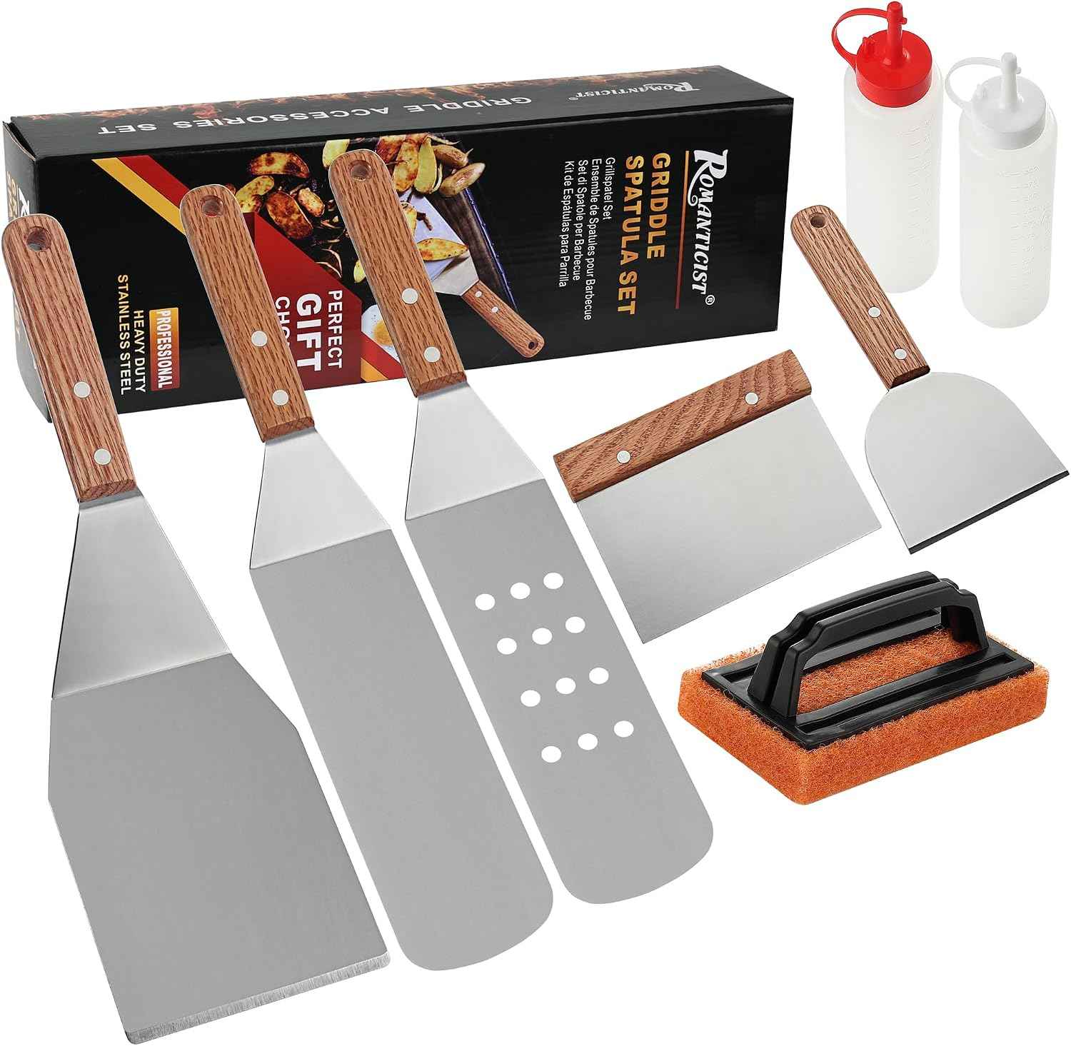 ROMANTICIST 8pcs Professional Griddle Accessories Kit - Heavy Duty Stainless Steel Grill Spatula Set for Grill Griddle Hibachi Flat Top Outdoor Cooking - Great Grill Gift on Birthday Wedding