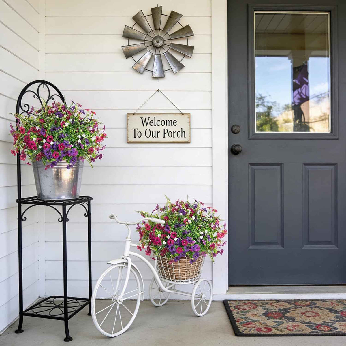 Ammyoo Artificial Flowers for Outdoors Spring Decoration, 12 Bundles Fake Flower Daisy with Realistic Eucalyptus Leaves, Faux Plants for Greenery Boxwood Porch Patio Garden Pot Lawn