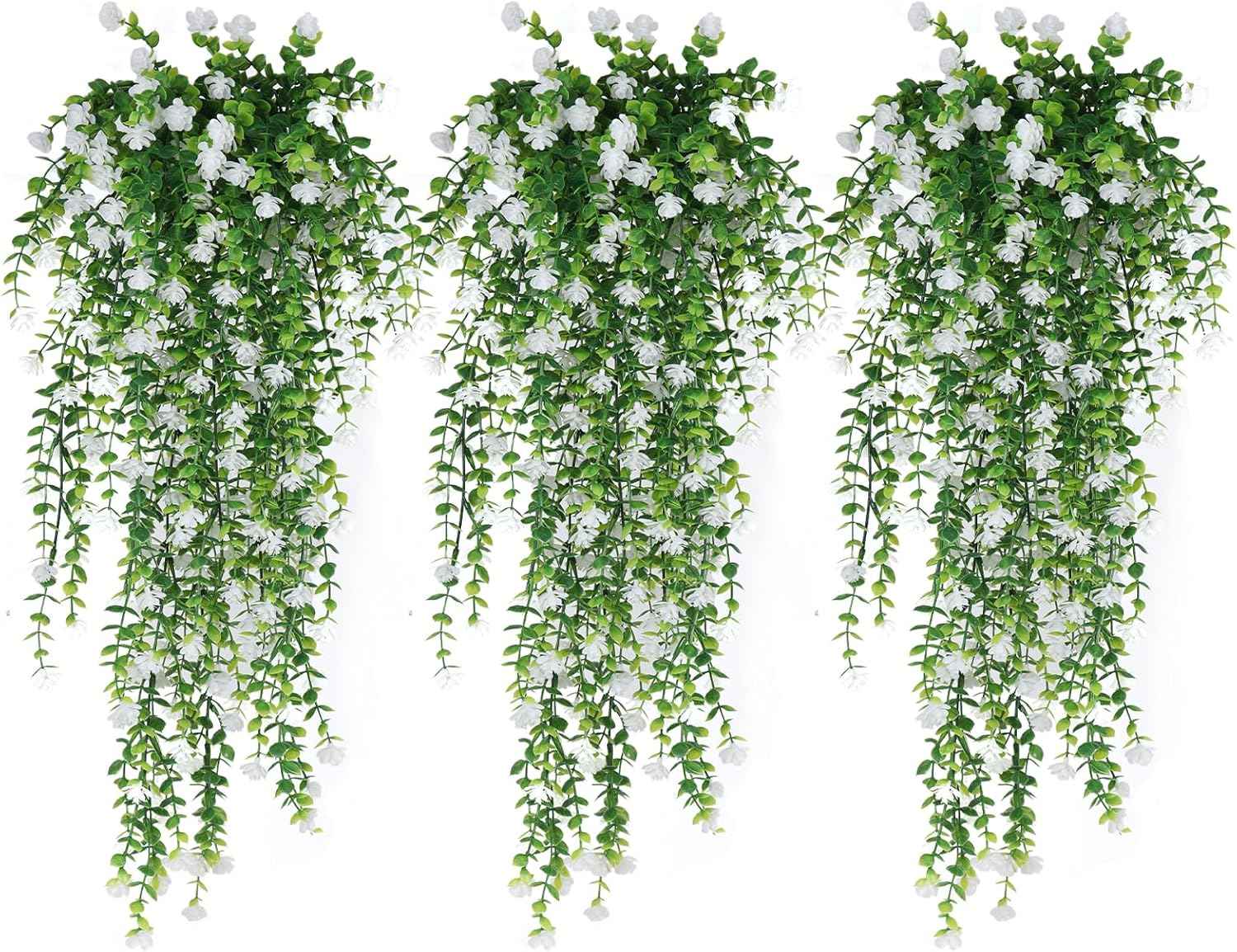 RECUTMS Artificial Hanging Plants Fake Hanging Vines Outdoor Faux Draping | Faux Eucalyptus Leaf Greenery Vine Outdoor UV Resistant Plastic White Flowers Home Garden Wedding Party Indoor Decoration,3Pc
