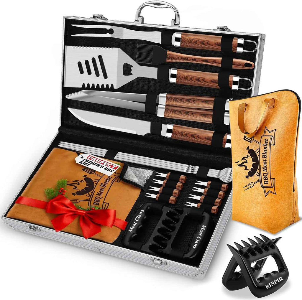 RINPIR 21pcs BBQ Grill Accessories Set with 21” Reusable Meat Blanket Brown | Father’s Day Grilling Gifts for Men Dad, Stainless Steel Grill Tools Utensils Kit in Aluminum Case for Outdoor Camping