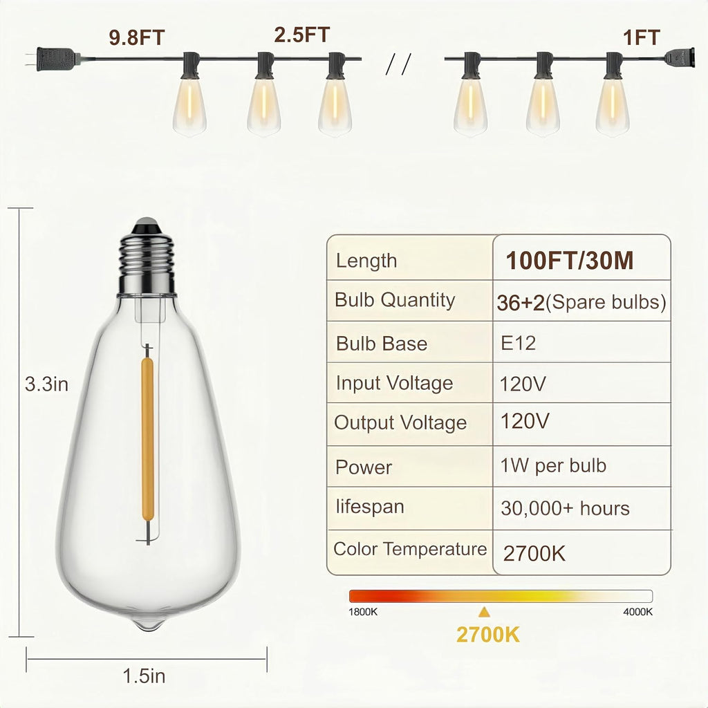 100FT Outdoor String Lights, Waterproof Patio Lights with Clear Shatterproof Plastic ST38 Vintage Edison Bulbs, Connectable Outside Hanging Lights for Backyard, Porch, Deck, Balcony, Garden, 2700K