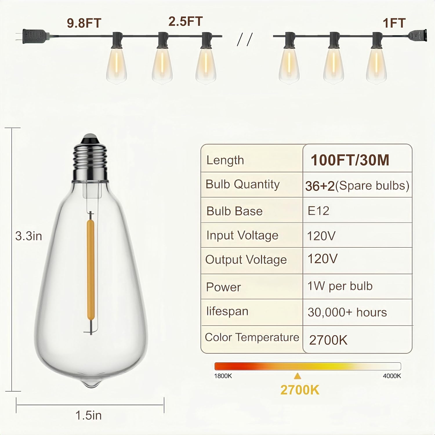 100FT Outdoor String Lights, Waterproof Patio Lights with Clear Shatterproof Plastic ST38 Vintage Edison Bulbs, Connectable Outside Hanging Lights for Backyard, Porch, Deck, Balcony, Garden, 2700K