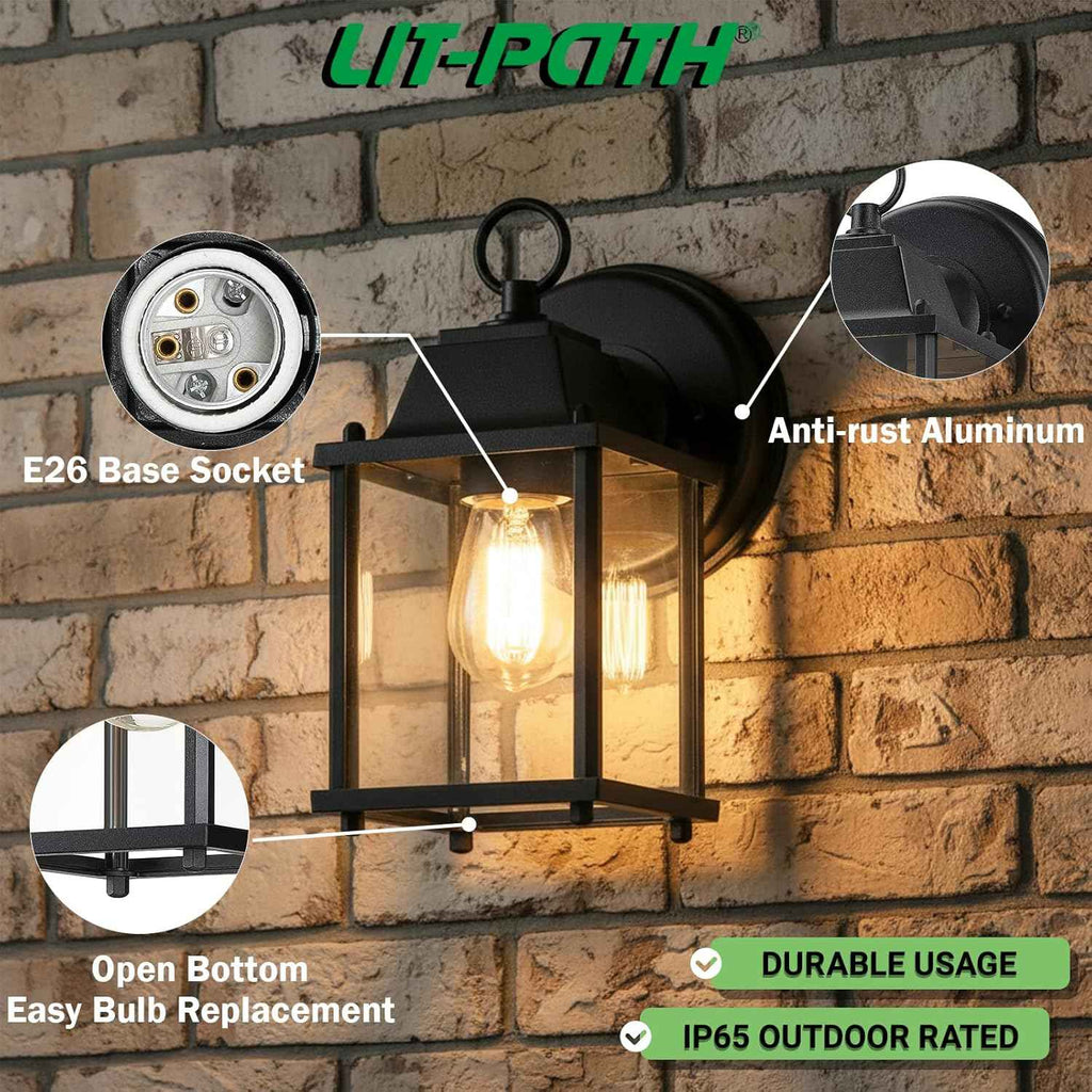 LIT-PaTH Outdoor Wall Light Fixture, Aluminum Glass, Black, 1 Pack | Exterior Porch Light Wall Sconce Lantern for House, Patio, Garage, Waterproof, E26 Socket 60W Max