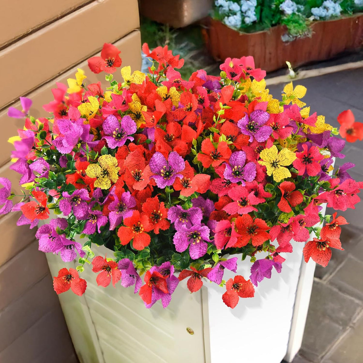 Homsunny Artificial Fake Flowers Plants for Outdoors - 12 Bundles Fake Plants Faux Silk Flowers Outside, UV Resistant for Planter Front, Porch, Garden, Patio, Spring Summer Decor