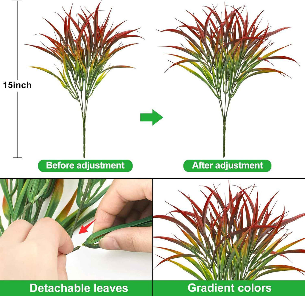 Ouddy Decor 16 Pcs Artificial Plants Outdoor Fake Fall Greenery Stems, Red | Faux grass, UV resistant, plastic plants shrubs, autumn Thanksgiving garden pathway window farmhouse front porch home decor