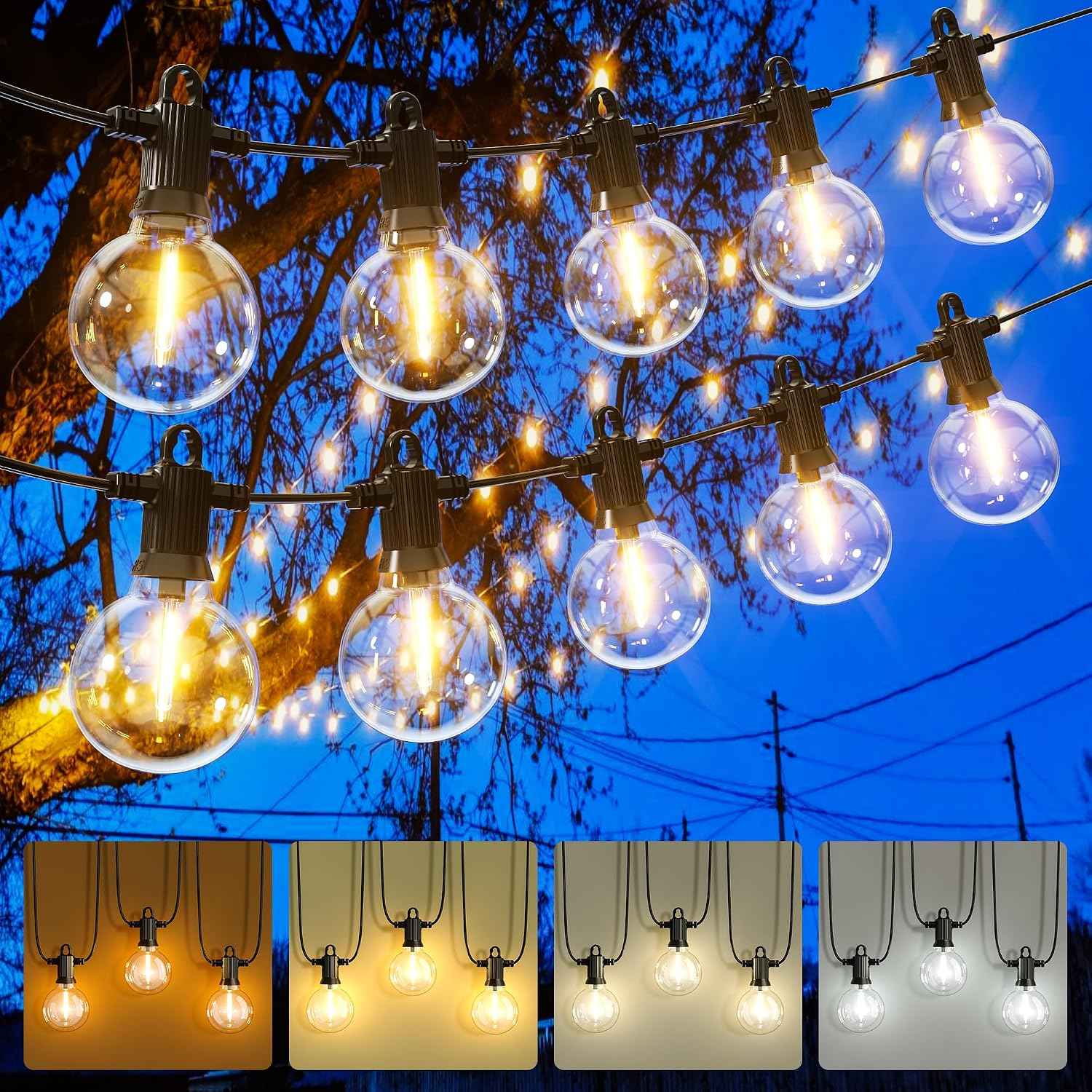 Zuske Outdoor String Lights, 50FT 4-Color LED Patio Lights with 25 Shatterproof G40 Globe Bulbs, Waterproof Hanging Lights for Outside, Backyard, Porch, Balcony, Gazebo, 2700K/3000K/4000K/6000K