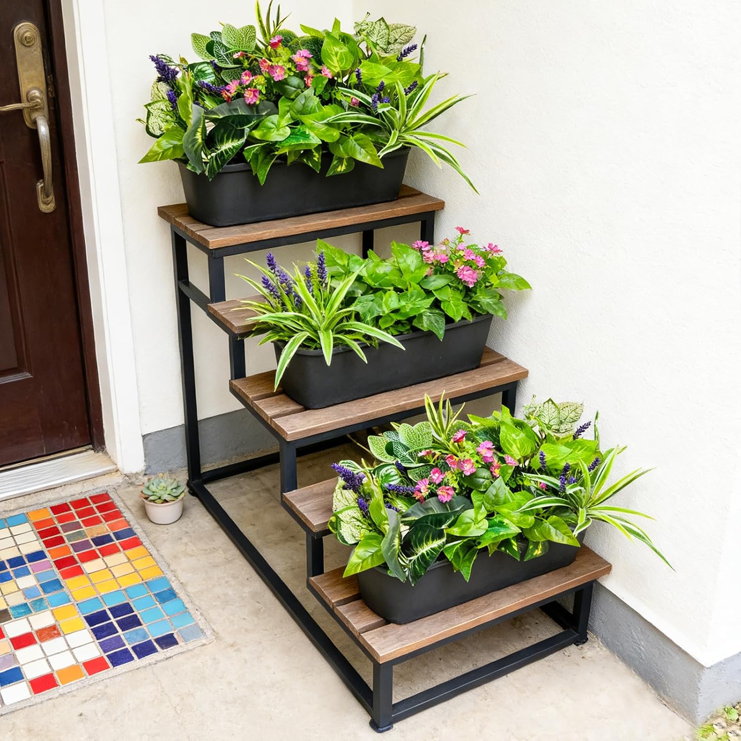12 Pcs Artificial Plants for Outdoors Faux Greenery Leaves UV Resistant Realistic Plastic Large Bunches Shrubs Bushes with Flowers, Fake Plants Decor Outdoor for Front Porch Door Patio Garden Yard