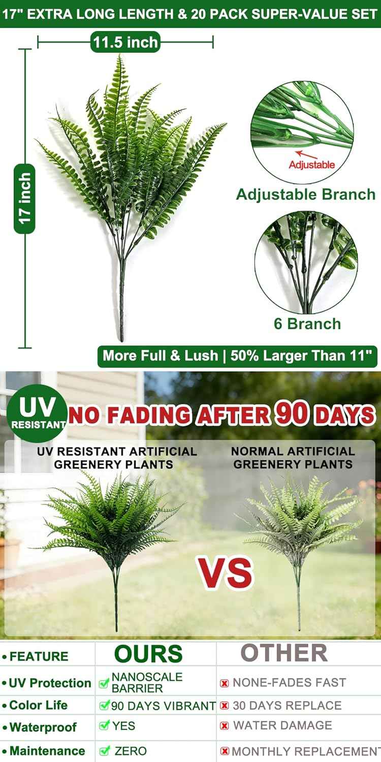 TURNMEON 20 Bundles Artificial Plants Outdoor Faux Boston Fern Summer Decor | 17 Inch Long Length Fake Plants UV Resistant No Fade Plastic Greenery Shrubs Flowers for Garden Porch Indoor Cemetery Decor