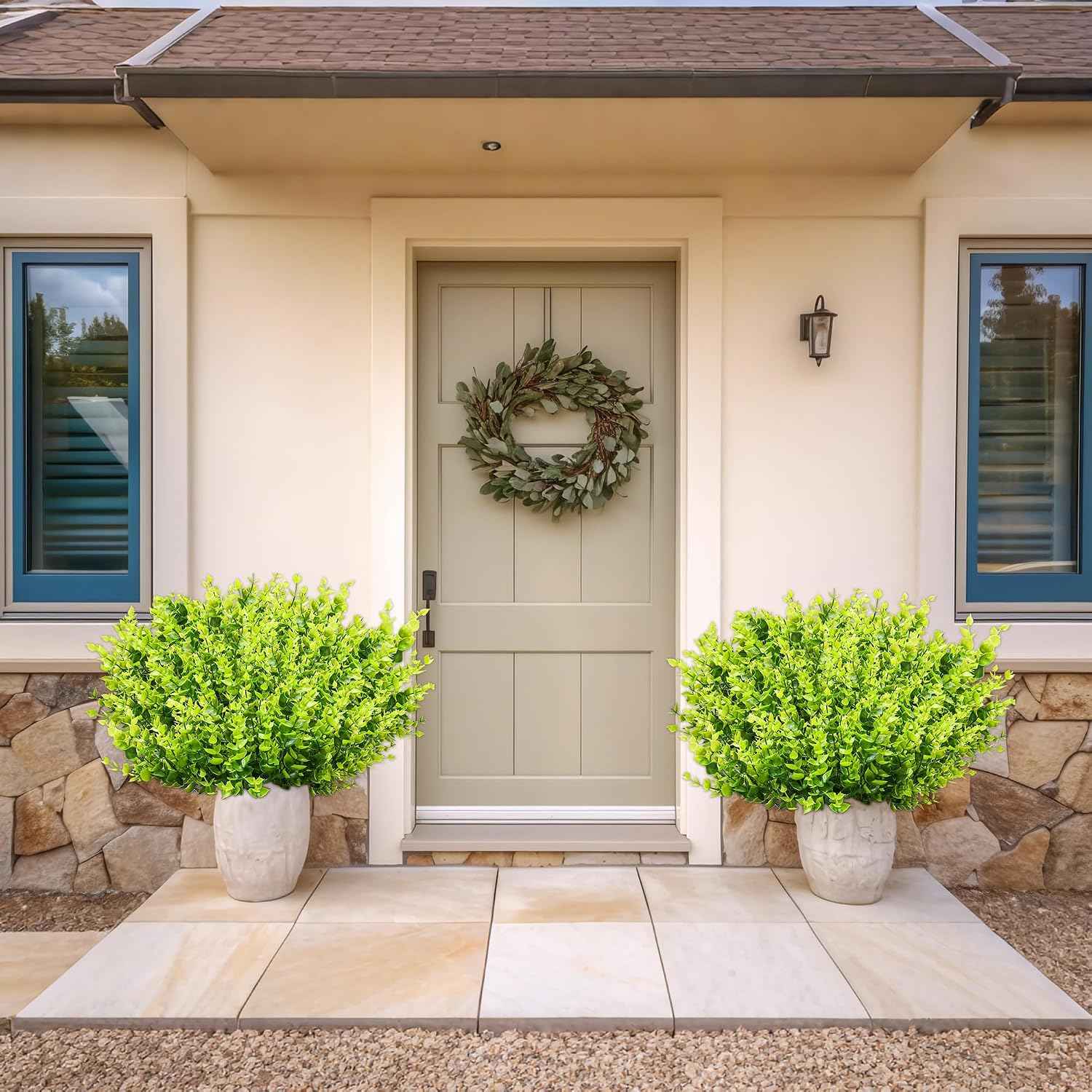 20 Pack UV Resistant Outdoor Artificial Flowers - Eucalyptus Plastic Flowers and Simulated Plants for Hanging Planters, Porches, Gardens - Weather and Fade Resistant (Greener)
