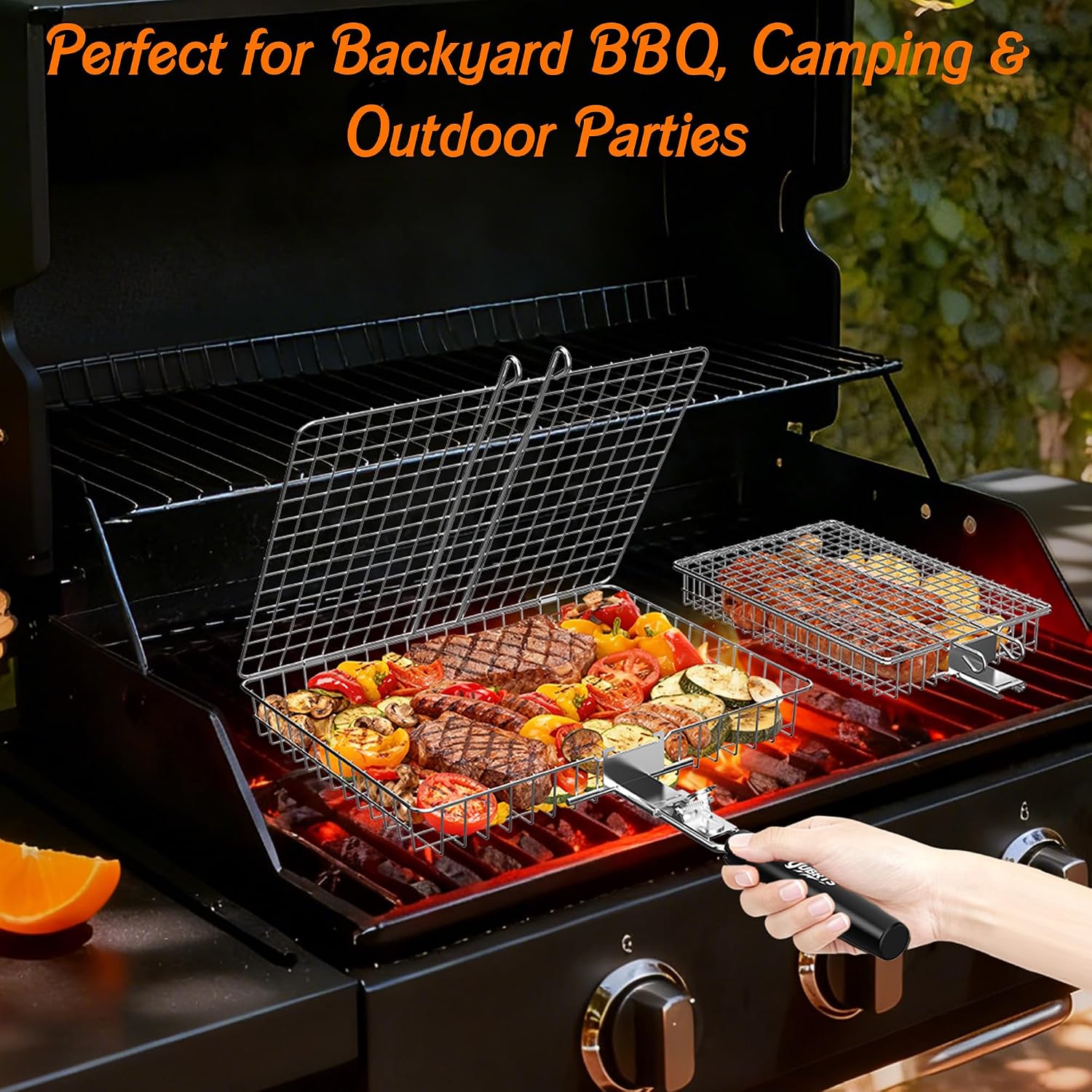 Grill Baskets for Outdoor Grill,Removable Wooden Handle,2PCS | Stainless Steel BBQ Grilling Basket,Camping Cooking Accessories for Meat Fish Vegetable Seafood, Gifts for Men Dad Husband