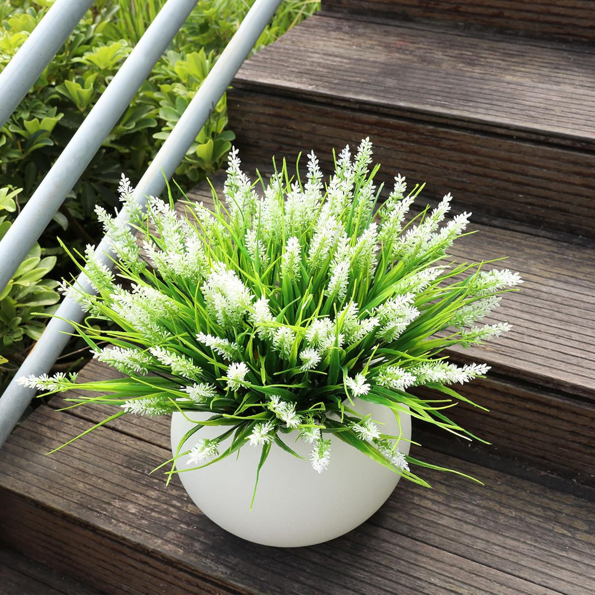 16PCS Artificial Flowers Outdoor, Fake White Monkey Grass Plants | UV Resistant, Plastic, Planter Filler for Hanging Baskets, Window Boxes & Planters, Porch, Patio Outdoor Decor